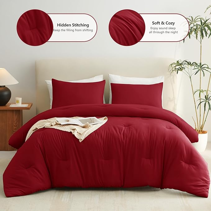 CozyLux King Size Comforter Set Dark Red, 3 Pieces Solid Comforters King Size Breathable Quilted Bedding Sets, Luxury Soft Lightweight Bed Set with Down Alternative Comforter and 2 Pillowcases