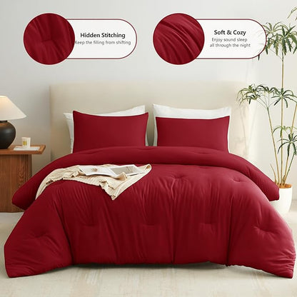 CozyLux King Size Comforter Set Dark Red, 3 Pieces Solid Comforters King Size Breathable Quilted Bedding Sets, Luxury Soft Lightweight Bed Set with Down Alternative Comforter and 2 Pillowcases
