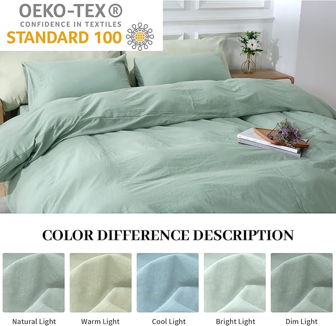 NEXHOME PRO Green Duvet Cover Set Super King 108"x98" Linen Feel Textured Organic Natural 100% Washed Cotton Duvet Cover 3 Pieces Bedding Set with Zipper Closure, Breathable, Soft (No Comforter)