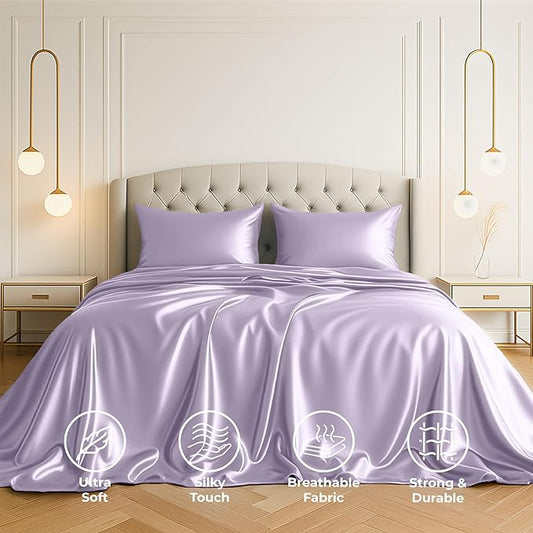 Pure Bedding Satin Sheets Full [4-Piece, Lavender] Hotel Luxury Silky Bed Sheets - Extra Soft 1800 Microfiber Sheet Set, Wrinkle, Fade, Deep Pocket Fitted Sheet, Flat Sheet, Pillow Cases