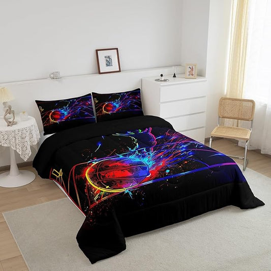 Erosebridal Basketball Comforter Set King 3D Sports Bedding Sets for Boys Teens Kids Men Tie Dye Fire and Ice Comforter Player Sport Game Warm Soft Lightweight Red Blue Quilt Set, Black