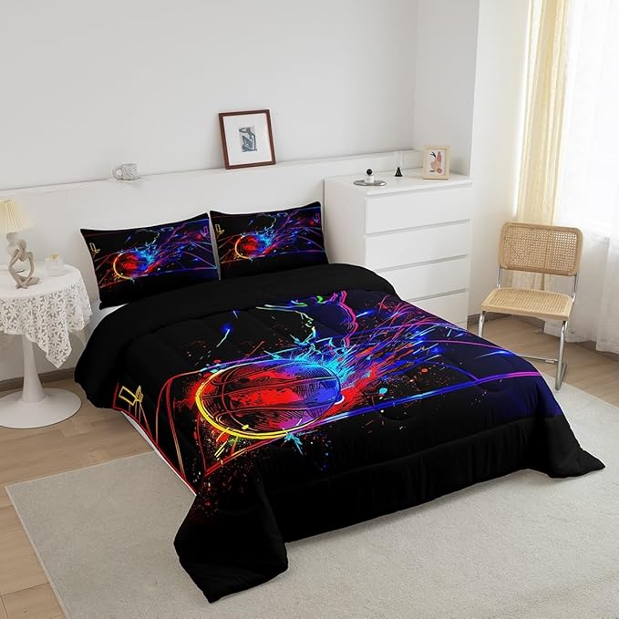 Erosebridal Basketball Comforter Set Queen 3D Sports Bedding Sets for Boys Teens Kids Men Tie Dye Fire and Ice Comforter Player Sport Game Warm Soft Lightweight Red Blue Quilt Set, Black