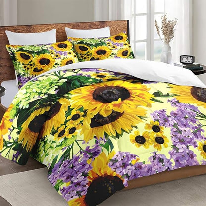 King Size Comforter Set with 2 Pillowcases, Retro Sunflower Yellow Floral Flower Soft 3 Pcs Bedding for Kids and Adults Bedroom Bed Decor