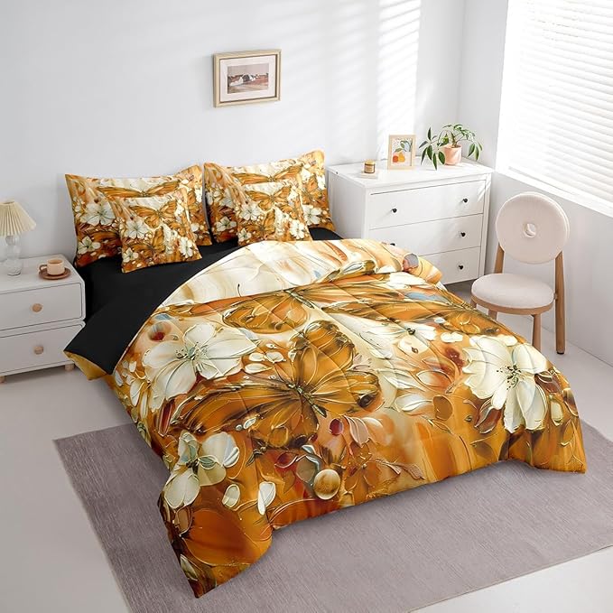 Erosebridal Floral Butterfly Full Bed in A Bag 7 Piece,White Flowers Oil Painting Boho Comforter Set Retro Aesthetics Orange Butterfly Bedding Set for Girls Teen Women,Bohemian Animal Sheet Set