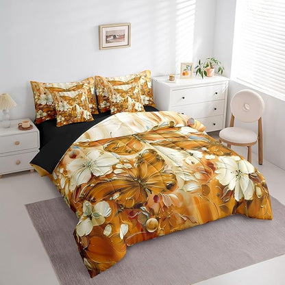 Erosebridal Floral Butterfly Full Bed in A Bag 7 Piece,White Flowers Oil Painting Boho Comforter Set Retro Aesthetics Orange Butterfly Bedding Set for Girls Teen Women,Bohemian Animal Sheet Set