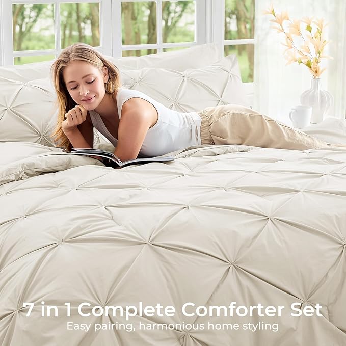 Sasttie Twin Comforter Set, 5-Piece Bed in a Bag, Pintuck Bedding Sets for All Season, Includes Comforter, Flat Sheet, Fitted Sheet, Pillowcase and Pillowsham, Beige