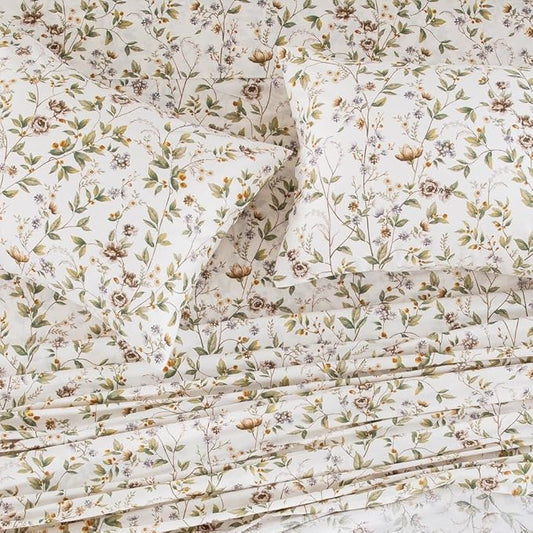 DAUAOTO California King Cotton Sheets Set Printed Bedding Sets, Farmhouse Pattern Bedlinen for Cal King Mattress Up to 14" Deep, Botanic Green