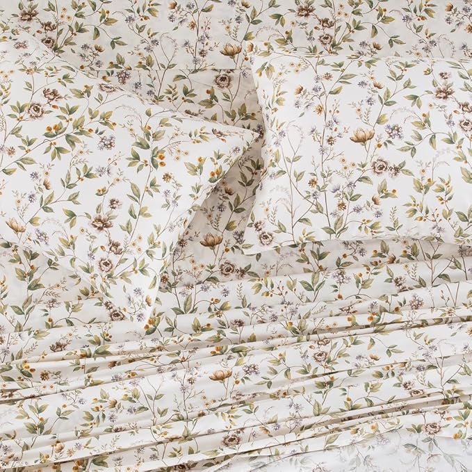 DAUAOTO 100% Cotton Bedding Printed Sheets Set for Queen Size Bed Up to 14" Deep Mattress, Farmhouse Pattern Bedlinen Sets, Botanic Green
