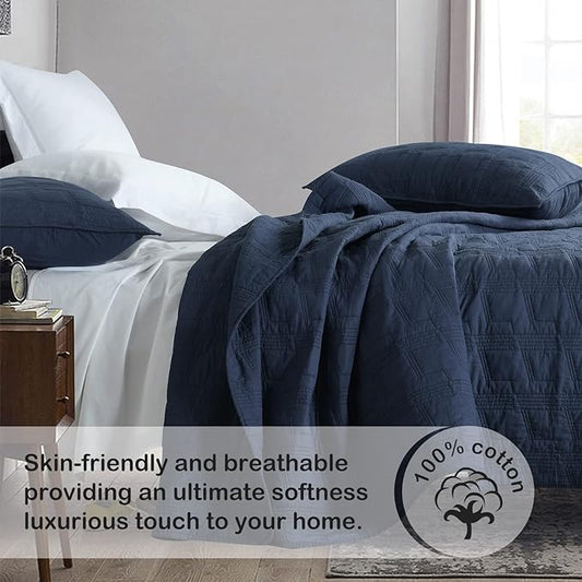 HORIMOTE HOME 100% Cotton Quilt Set Queen Size, Navy Blue Pre-Washed 3-Piece Bedspread Coverlet Set, Cozy Lightweight Stitching Bedding Cover with 2 Shams in Geometric Pattern for All Season