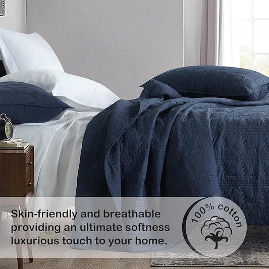 HORIMOTE HOME 100% Cotton Quilt Set Twin Size, Navy Blue Pre-Washed 2-Piece Bedspread Coverlet Set, Cozy Lightweight Stitching Bedding Cover with 1 Sham in Geometric Pattern for All Season