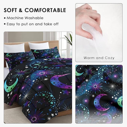 Full Size Comforter Set with 2 Pillowcases, Moon Neon Galaxy Kids Rainbow Soft 3 Pcs Bedding for Kids and Adults Bedroom Bed Decor