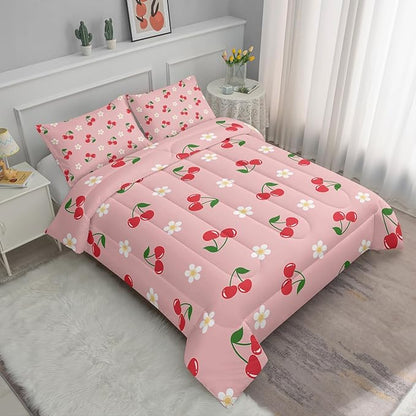 Pink Kawaii Bedding Set for Girls,3Pcs Cute Cartoon Fruit Printed Bedding King Size,Cherries and Flowers Comforter for Kids Girls Women,Lovely Pink Floral Comforter Set 1 Quilt 2 Pillowcases