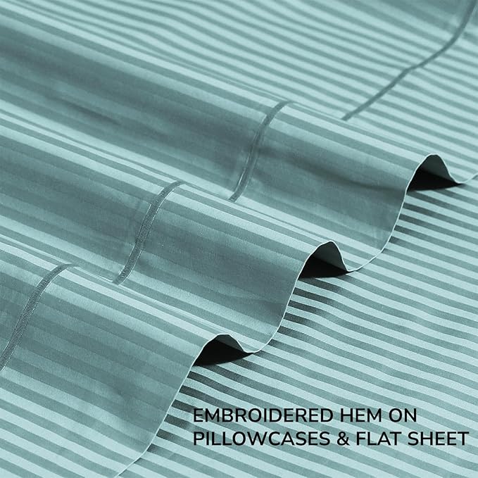 Feather & Stitch 500 TC Full Size Bed Sheet Set, 100% Cotton Soft Breathable Bedsheets, 4 Piece 18" Deep Pockets Sateen Weave Striped Bedding Mattress Resort Hotel Luxury - (Granite Green Stripe)