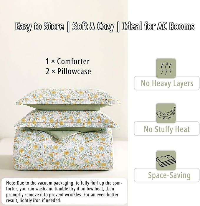 Floral Cotton Comforter Queen Size 3Pcs - Yellow and Blue Tiny Flowers & Little Lambs on White, Sage Green Back, Reversible Lightweight Bedding Sets with Soft Fill(Queen, 90"×90")