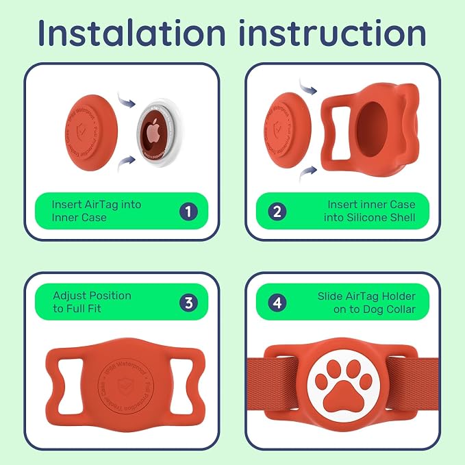 IP68 Waterproof Dog AirTag Holder for Dog Collar, Soft, Stretchy Silicone | Full-Body Protection, Easy Tool-Free Installation, Quiet, No-Dangle Fit, Lightweight, Fits Dog & Cat Collars of All Widths