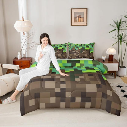 Miners Pixel Checked Comforter Set King Size,Video Games Check Lattice Kids Bedding Set,Game Cartoon Gamepad Quilt Comforter,Green Brown Duvet Insert,2 Pillowcases