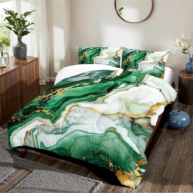 Green Marble Comforter Set King Size,Emerald Green Marble Print Bedding Set,Green White Gold Watercolor Fluid Luxury Bedding Decor Abstract Comforter with 2 Pillowcases