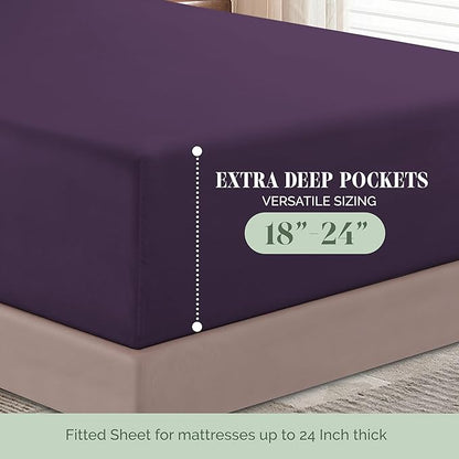 Elegant Comfort Luxurious 1500 Premium Hotel Quality Microfiber 4-Piece Sheet Set, 18-24 Inches Deep - Extra Deep Pocket Sheets - Ultra Soft 4PC Deep Pocket Sheets, Queen, Eggplant-Purple