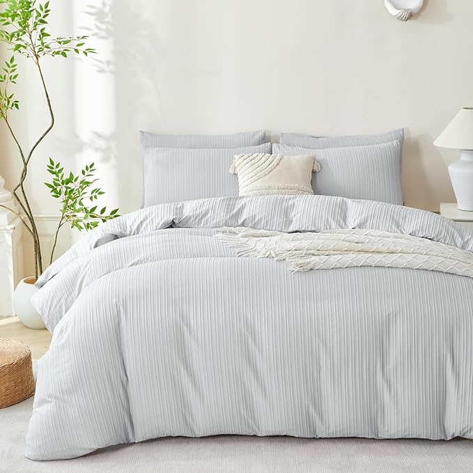Comforter Set Queen Light Grey Striped Washed Microfiber 3 Pieces Jacquard Bedding, Grey Vertical Ticking Stripes Comforter with 2 Pillowcases, Luxury Soft Breathable Durable Comfy