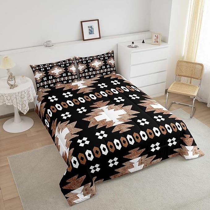Feelyou Boho Comforter Set Toddler Size Southwest Native American Design Comforter Southwestern Geometric Bedding Set Western Decor Duvet Set Brown Balck Quilt Set