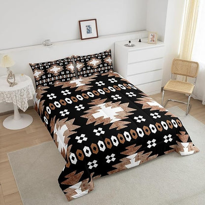 Feelyou Boho Comforter Set Toddler Size Southwest Native American Design Comforter Southwestern Geometric Bedding Set Western Decor Duvet Set Brown Balck Quilt Set