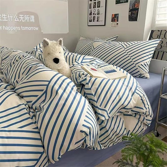 VM VOUGEMARKET Blue Striped Bedding Set King,Instagram Style Geometric Duvet Cover with Zipper Ties 100% Cotton Modern Fashion Bedding Set for Men Women-104x90 Inch
