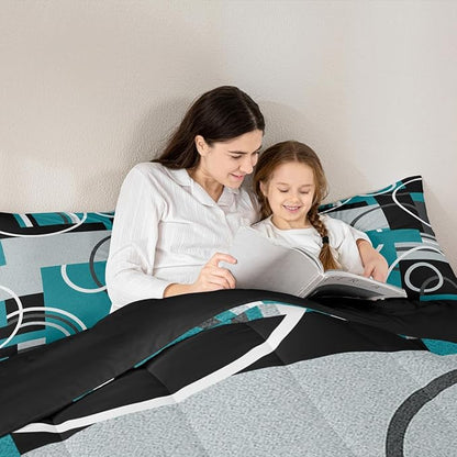 Modern Turquoise Decor Comforter Full Geometric Circles Gird Bedding Set For Boys Girls Kids Teens Adult Black Grey Down Comforter Stripe Swirls Duvet Set Modern Graphic Texture Quilted Comforter