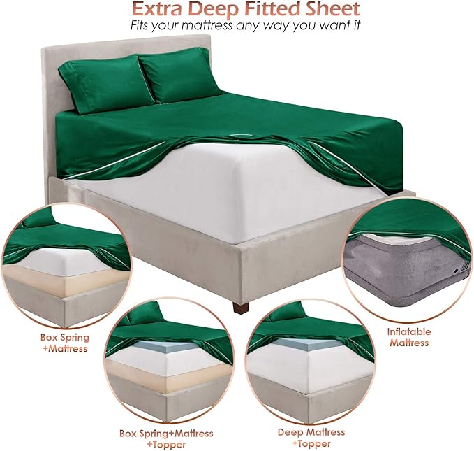 Hearth & Harbor Bed Sheets, Luxury Soft 6 Piece Bed Sheet Set Extra Deep Pocket Fitted Sheets Fits Mattress up to 21", Double Brushed Bedding Sheets & Pillowcases, Queen, Hunter Green