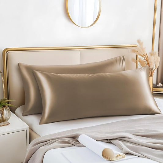 BEDELITE Satin Body Pillow Cover 2 Pack, Super Soft and Cooling Body Pillow Pillowcase for Hair and Skin, Breathable Silky Full Long Pillowcase Cover(20"x54", Tawny Brown)