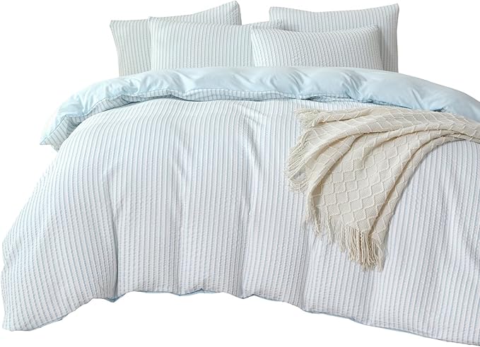 Comforter Queen Set Light Blue Striped Soft Luxury Washed Microfiber Jacquard 3 Pieces Bedding, White Light Blue Vertical Ticking Stripes Comforter with 2 Pillowcases Breathable Durable Comfy