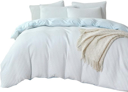 Comforter Queen Set Light Blue Striped Soft Luxury Washed Microfiber Jacquard 3 Pieces Bedding, White Light Blue Vertical Ticking Stripes Comforter with 2 Pillowcases Breathable Durable Comfy