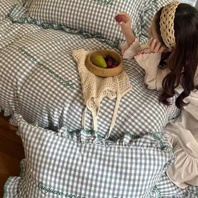 CRUSHIMO Morning Mist Gingham Washed Cotton Duvet Cover Set - Shabby Chic Gingham Plaid Bedding with Ruffle Trim & Triangle Stitching - Ultra Soft Breathable Comforter Cover (Sea Salt Blue, Queen)