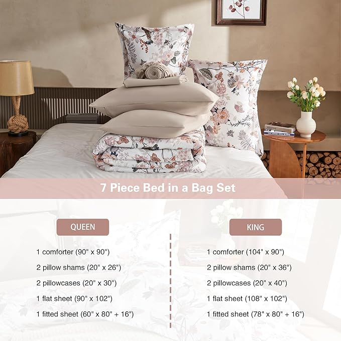 7 Piece King Comforter Set, Dusty Pink Butterfly Floral Comforter Set with Flowers Leaves Pattern, Soft Microfiber Complete Bedding Set for All Season(Dusty Pink, King)