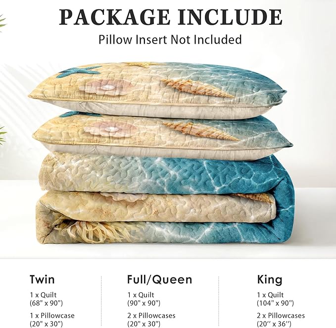 Quilt Set Full/Queen Size, Summer Beach Seashell 3 Pcs Soft Bed Cover Bedding Set for Kids and Adults, Blue Ocean Sea Shell Lightweight Bedspread Coverlet with Pillow Sham for All Season