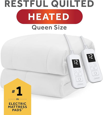 Sunbeam Electric Restful Quilted Heated Mattress Pad Queen 80" x 60" 12 Heat Settings 12-Hour Auto Shut-Off Extra-Cozy Fabric Deep Pocket Fit Machine Washable
