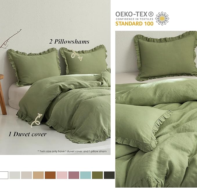Simple&Opulence 100% Linen Duvet Cover Set, 3 PCS Natural French Flax Sage Green Ruffle Duvet Cover King Size, Breathable Comfy Linen Bedding Comforter Cover with 2 Pillowcases(Sage Green, 104" X 92")