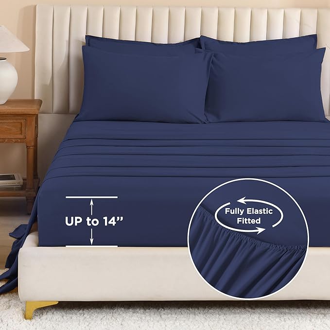 Litanika Oversized King Comforter Sets Navy Blue - 7 Pieces Bed in a Bag Oversized King Bedding Comforter Sets, Solid Lightweight Bed Set with Comforter, Sheets, Pillowcases & Shams