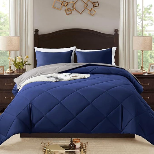 3-Piece King Comforter Set,All-Season,Soft & Hypoallergenic &Breathable Bedding,Polyester Quilted,Down Alternative(Comforter*1 & Pillowcases*2),Dark Gray/Dark Blue