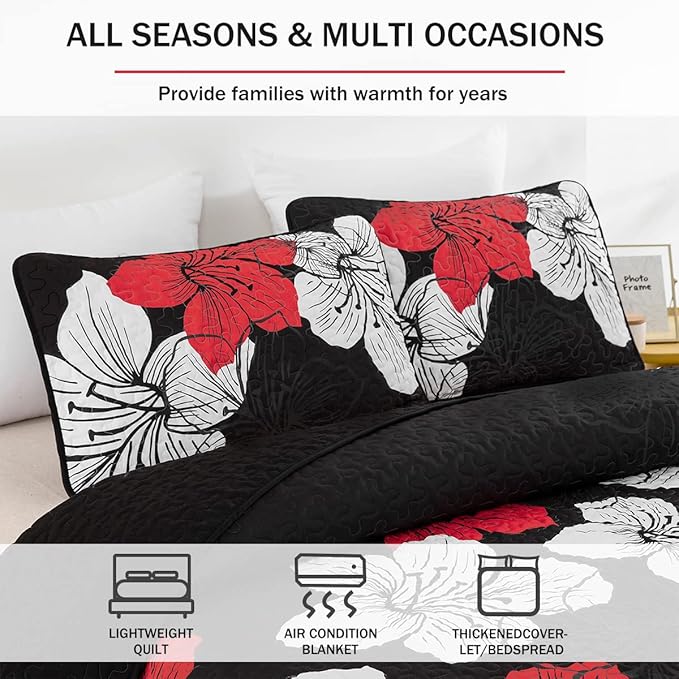 DJY 3 Pieces Quilt Set Queen Red Floral Pattern Quilt Coverlet Set Elegant Boho Bedspread with 2 Pillow Shams Lightweight Microfiber Bedding Quilt Set for All Season (Black, 90"x96")