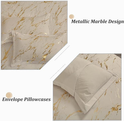 WONGS BEDDING Gold Metallic Marble Khaki Comforter Set California King Foil Print Glitter Bedding Sets with 2 Pillowcases for All Seasons, Soft Microfiber Filling Bedding Duvet Set 104"x96"