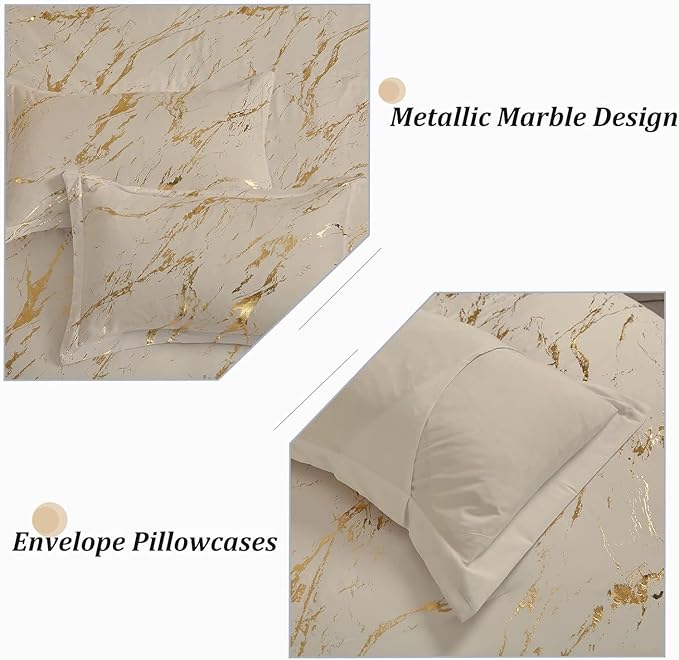 WONGS BEDDING Gold Metallic Marble Khaki Comforter Set Full Foil Print Glitter Bedding Sets with 2 Pillowcases for All Seasons, Soft Microfiber Filling Bedding Duvet Set 78"×90"