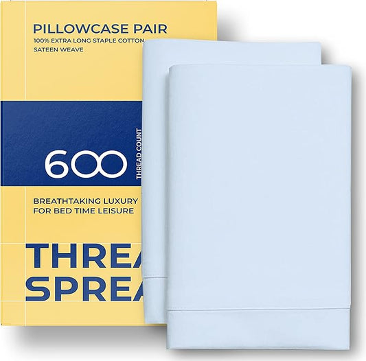 Thread Spread 100% Egyptian Cotton King Size Pillow Cases Set of 2 - Luxury 600 Series Bliss Collection Pillow Cases King Size (Light Blue), Soft Cooling Hotel Cotton Pillowcases, Sateen Finish