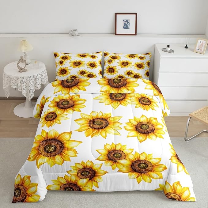 Erosebridal Sunflower Full Size Comforter Sets 3D Floral Botanical Bedding Yellow Flowers Duvet Insert Pastoral Sunflower Decor for Bedroom Quilt Garden Bloom Down Comforter with 2 Pillowcases, White