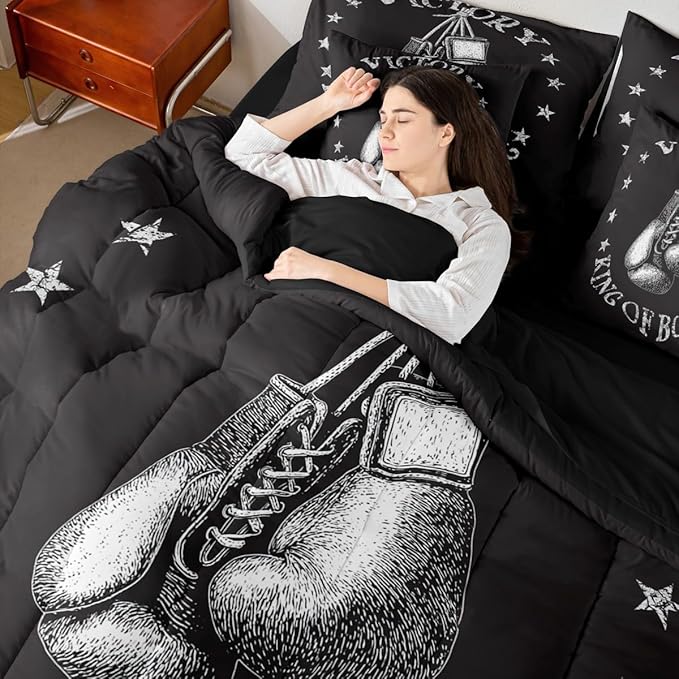 Castle Fairy Boxing Gloves King Size Bedding Sets with Sheets,Comforter,Pillowcases,Pillow Covers Gray Stars Decor Boxing Theme Comforter Set for Kids Teens Adults Bedroom Dorm Bed Set 7 Pcs