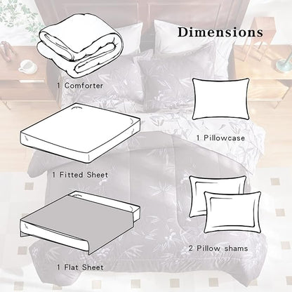 6 Piece Bed in a Bag Twin Comforter Set with Sheets, Black Leaves Botanical Design Lightweight Bedding Sets for Kids (1 Comforter, 2 Pillow Shams, 1 Flat Sheet, 1 Fitted Sheet, 1 Pillowcases)