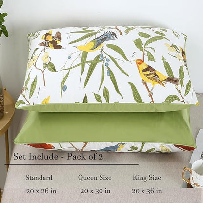WINLIFE 100% Cotton Pillowcases Queen 2 Pillow Cases Decorative Farmhouse Green Leaves Birds Printed Pillow Cover Set of 2 (Queen 20x30'', Birds)