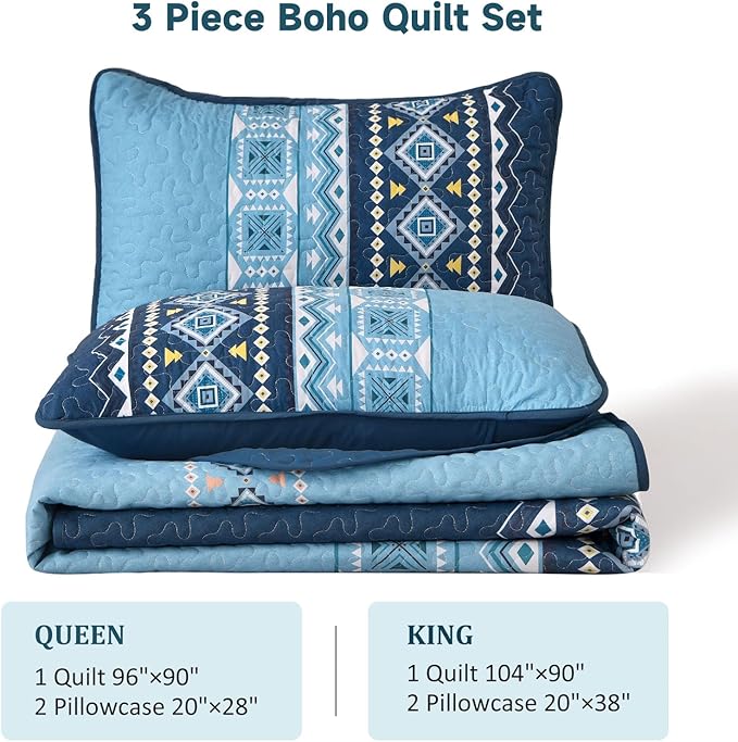 WONGS BEDDING Blue Quilt Set King,Boho 3 Pieces Bedspread Coverlet Set with Geometry Printed for All Season,Lightweight Morden Bohemian Bedding Set 104"×90"