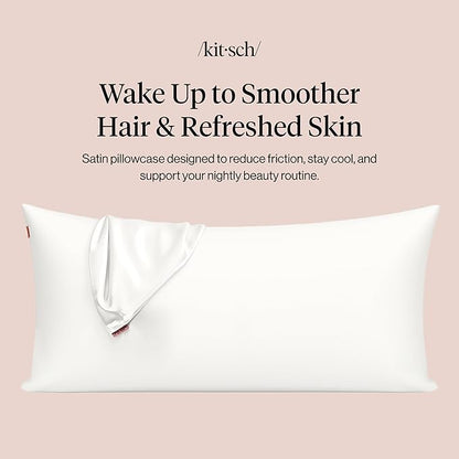 Kitsch Satin Pillowcase with Zipper for Hair & Skin - Softer Than Silk Pillow Cases, Smooth Cooling Satin Pillow Case, Wrinkle-Free, Machine Washable - King Size Satin Pillow Case (19x36), Ivory 2pcs