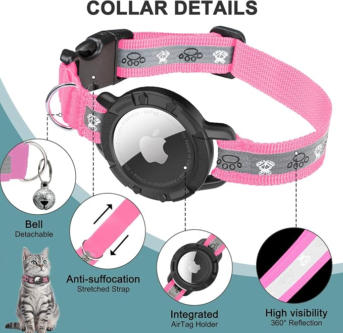 Reflective AirTag Cat Collar, Integrated Cat Collar with Air Tag Holder | Built in AirTag Holder, Adjustable 7-13in for Cats, Kittens and Puppies, Safety Elastic Band, Reflective for Night Walking