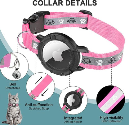 Reflective AirTag Cat Collar, Integrated Cat Collar with Air Tag Holder | Built in AirTag Holder, Adjustable 7-13in for Cats, Kittens and Puppies, Safety Elastic Band, Reflective for Night Walking